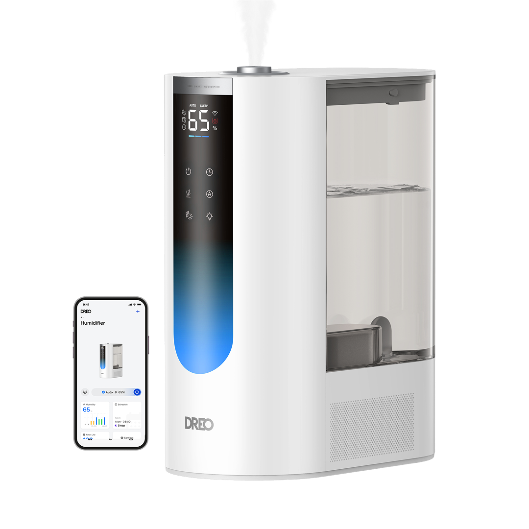 Dreo 813S white humidifier shown with a mist outlet and app screen.