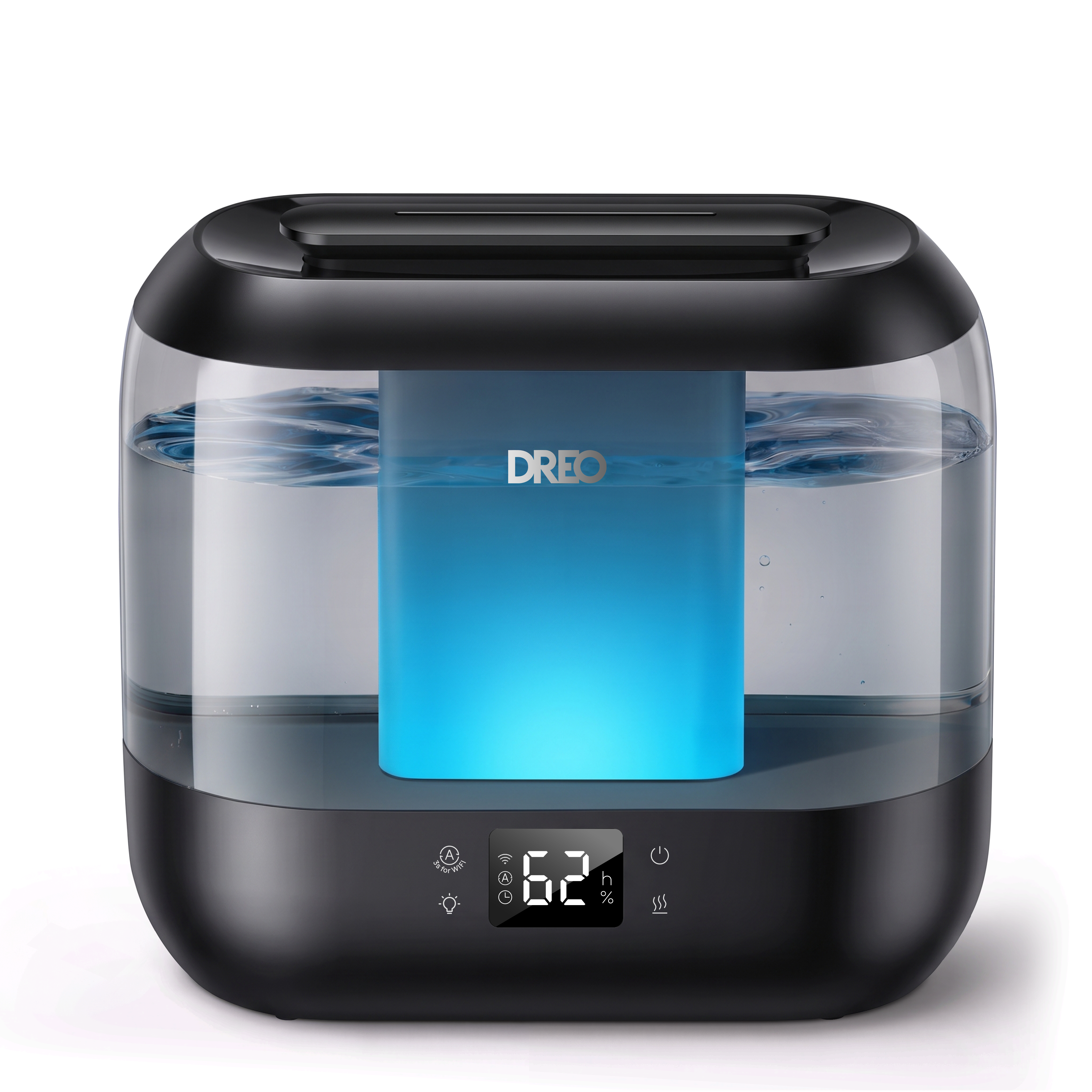 Black Dreo Humidifier 311S with transparent water reservoir, upper fill opening and front display