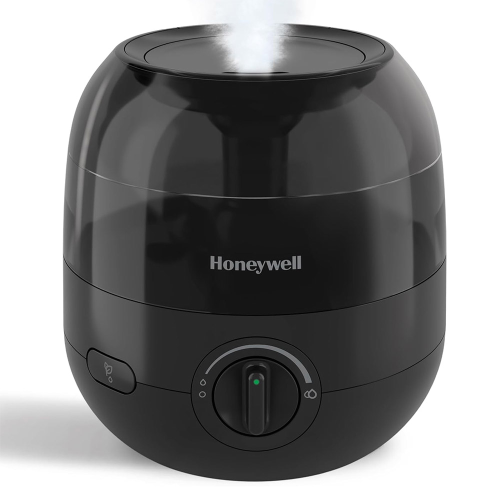 Black Honeywell HUL525BV2 Mini Mist ultrasonic humidifier with clear top and manual controls
