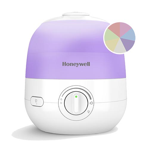 Honeywell HUL530 Ultra Glow ultrasonic humidifier with translucent color-changing tank, white base and front manual controls