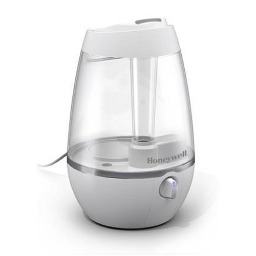 White Honeywell HUL535W ultrasonic cool-mist humidifier with clear tank and rotary output control