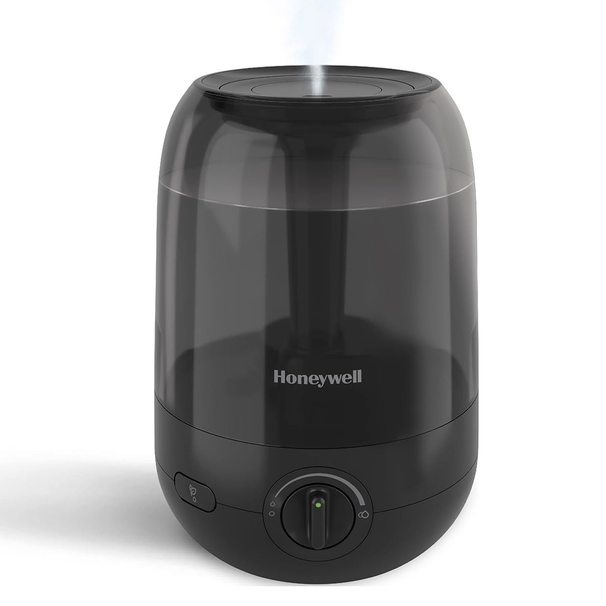 Black Honeywell HUL545B Ultra Comfort ultrasonic humidifier with translucent one-gallon tank and front rotary output control
