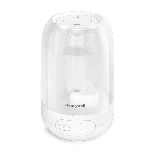 White Honeywell HUL565W Ultra Plus cool-mist humidifier with translucent tank and front indicator controls