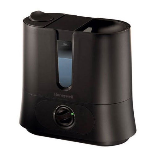 Black Honeywell HUL570 top-fill ultrasonic humidifier with a front water window, rotary output dial and broad removable tank