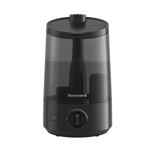 Honeywell HUL585B black top-fill ultrasonic cool-mist humidifier with a translucent tank and front rotary control