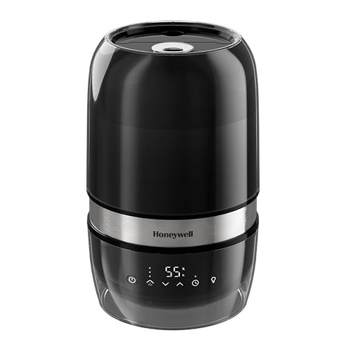 Black Honeywell Reflection HUL900 ultrasonic humidifier with a stainless-look center band and touch display