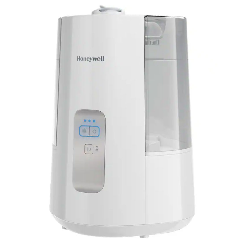 White Honeywell HWC775W Dual Comfort humidifier with manual cool/warm buttons and clear water tank