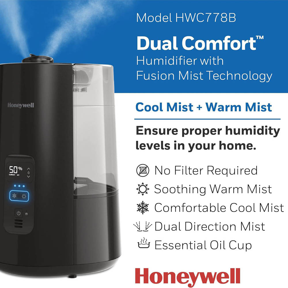 Black Honeywell HWC778B Dual Comfort humidifier with digital humidity display and clear water tank
