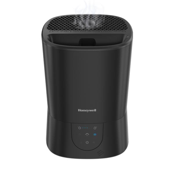 Black Honeywell HWM445B top-fill warm-mist humidifier with front humidistat buttons and indicator lights