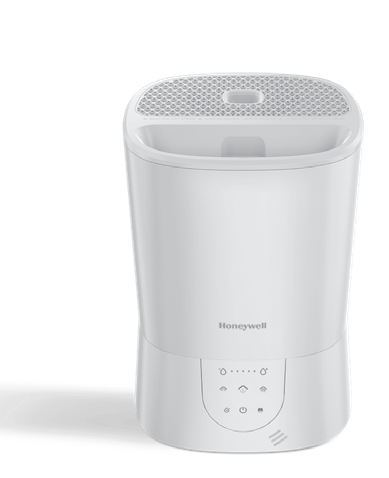 White Honeywell HWM445-series humidifier with the multi-button humidistat control panel, shown in official owner-manual artwork.