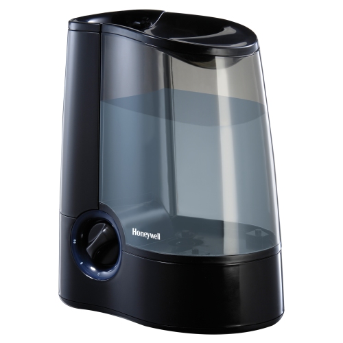 Black Honeywell HWM705B warm-mist humidifier with clear water tank and side control knob