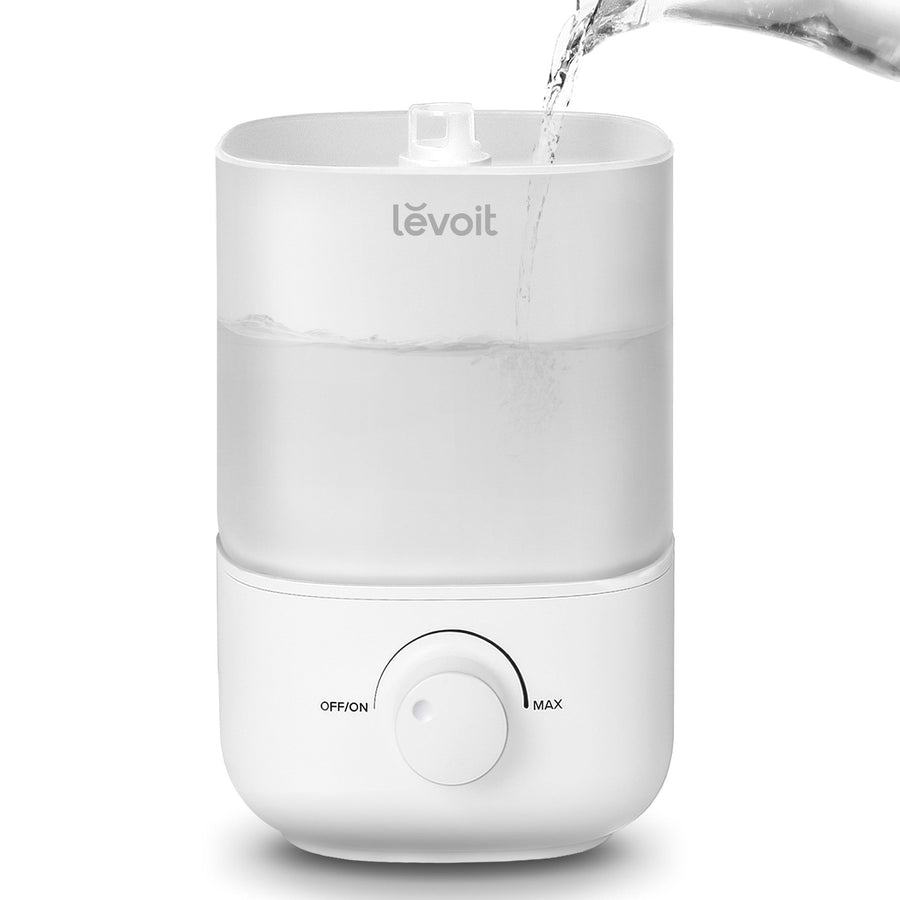 White Levoit Classic 160 humidifier with a top-fill reservoir and rotary knob