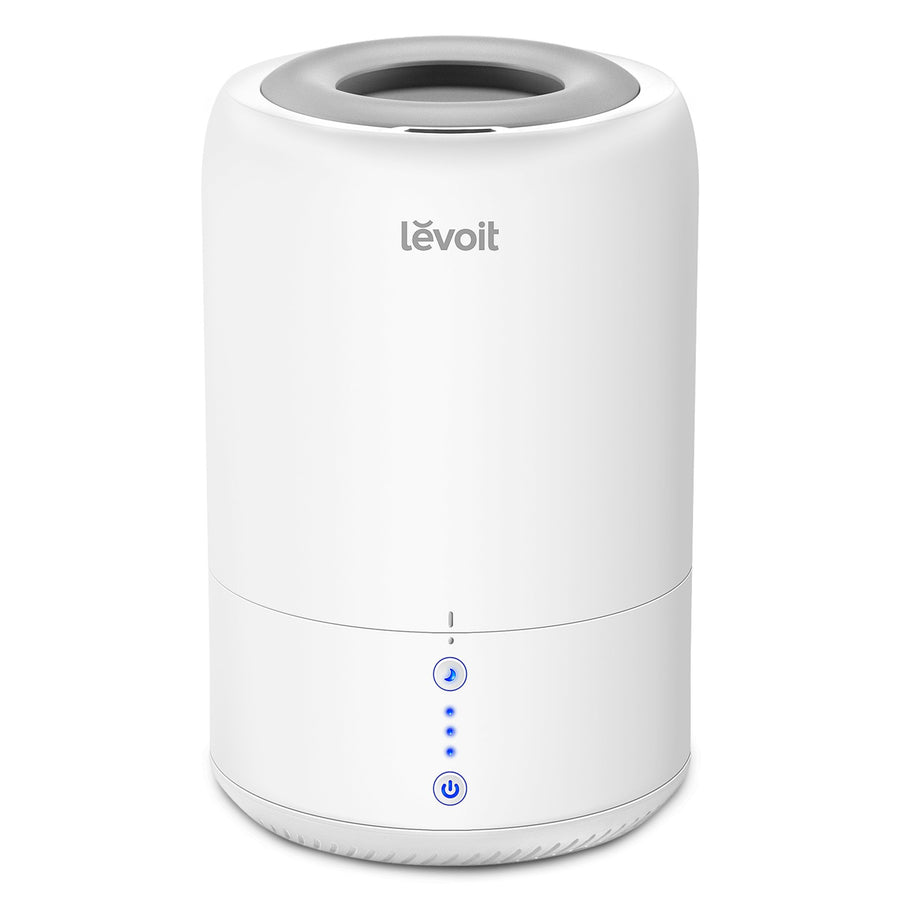 Gray Levoit Dual 100 with upper mist opening and two front buttons with blue indicator lights.