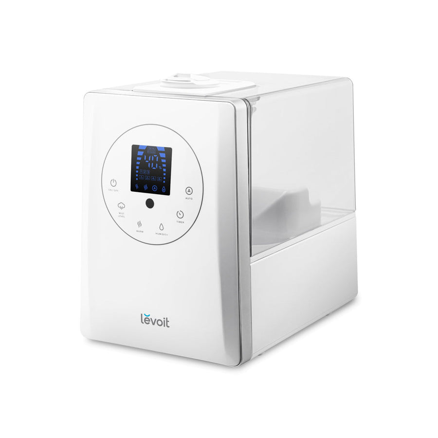 White Levoit LV600HH hybrid humidifier with a humidity display, touch controls and a visible water tank