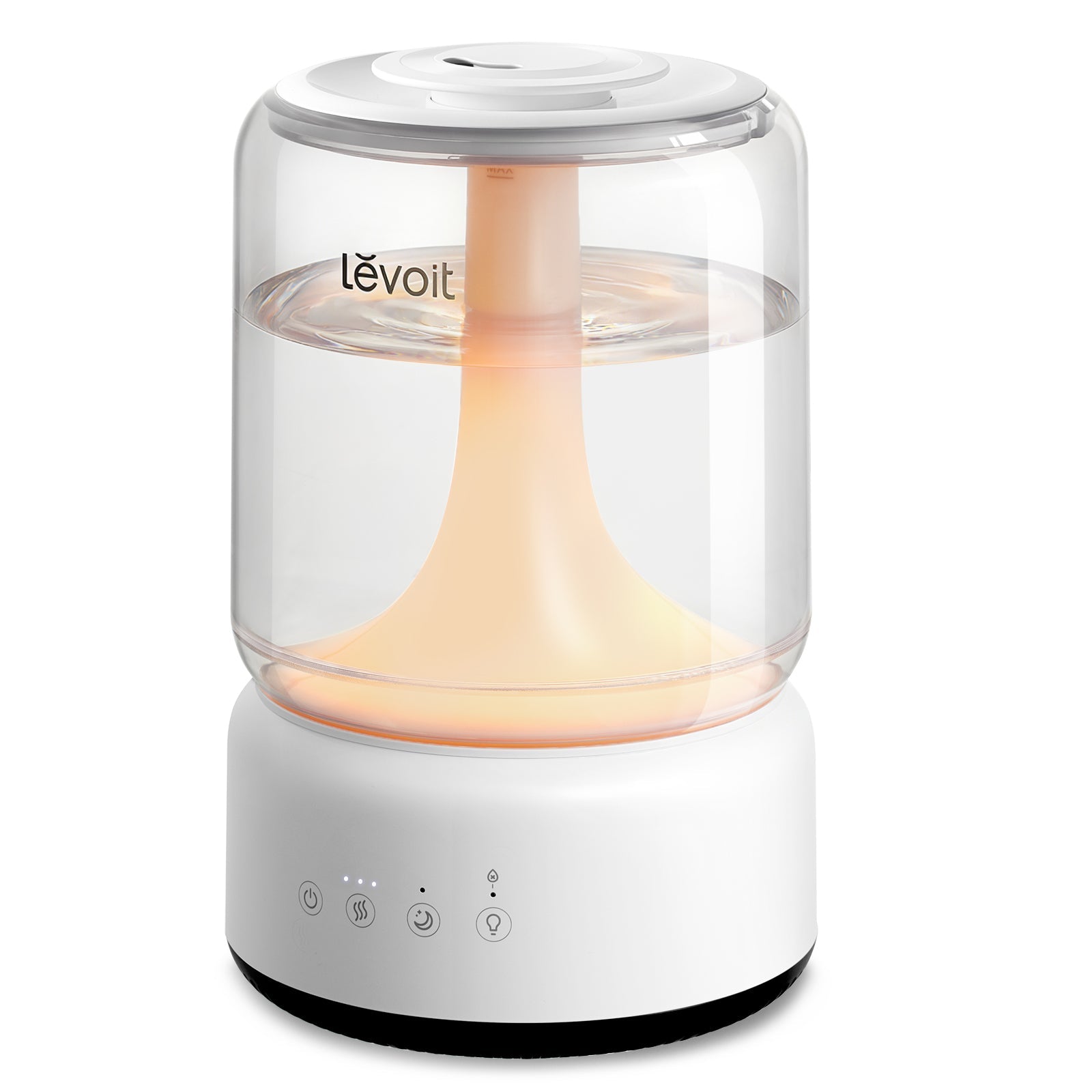White Levoit NeoClassic 450 ultrasonic humidifier with a clear top-fill tank, touch-control base and illuminated night light