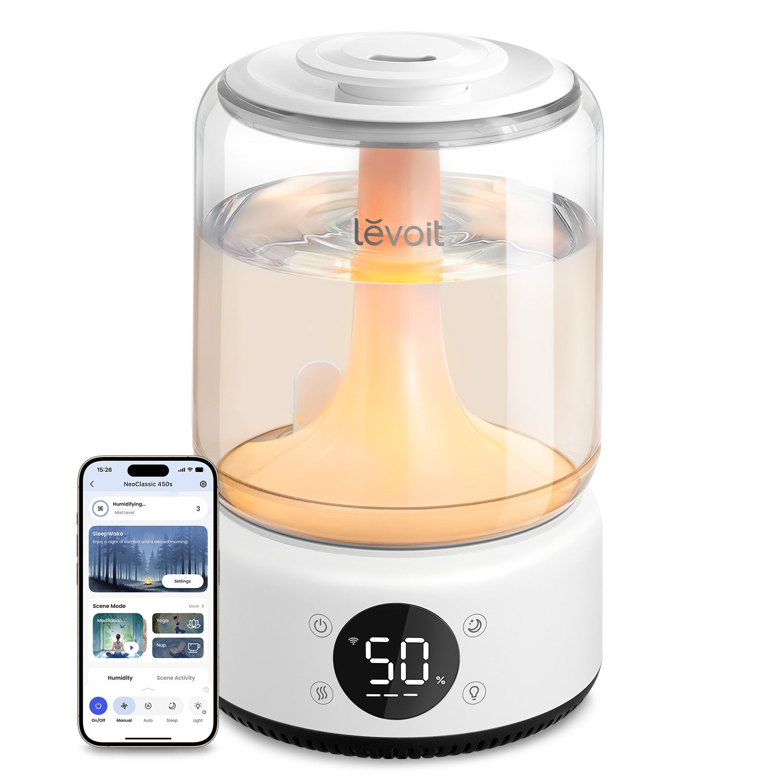 White Levoit NeoClassic 450S smart ultrasonic humidifier with transparent tank, humidity display and a phone showing VeSync scenes.