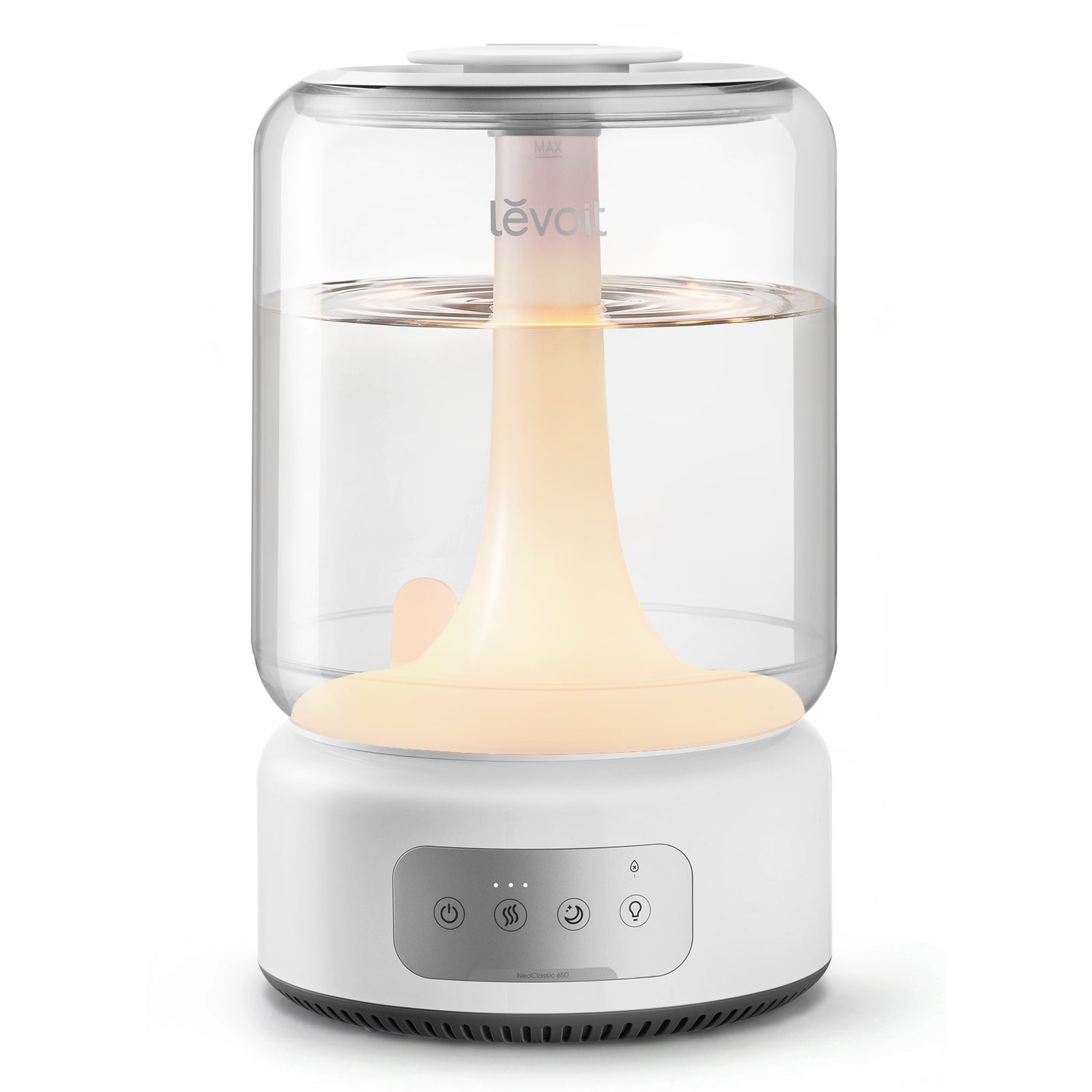 Levoit NeoClassic 650 humidifier with clear water tank, touch-control panel and base; NeoClassic 650 label visible on the water column