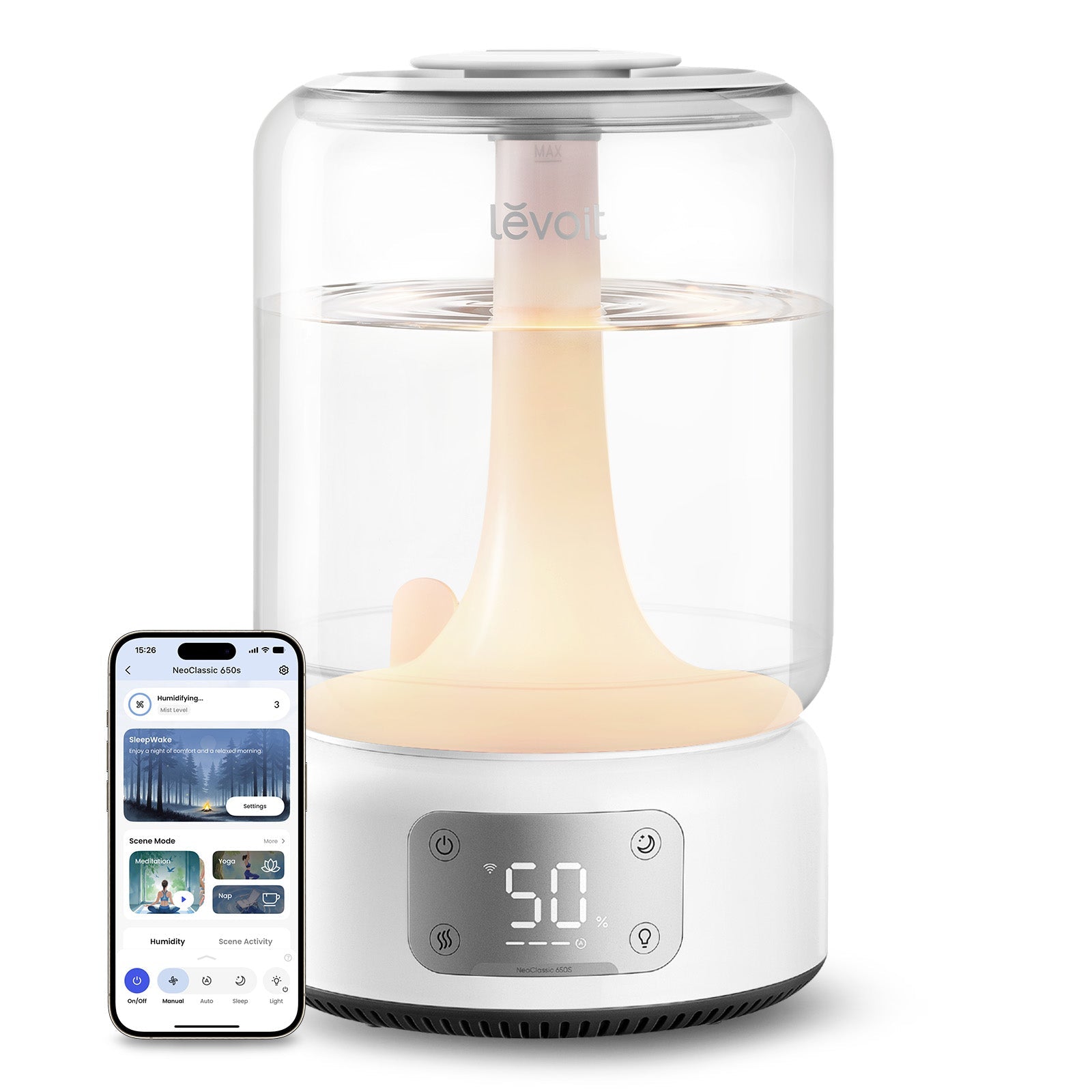 White Levoit NeoClassic 650S smart ultrasonic humidifier with large clear tank, humidity display and a phone showing VeSync scenes.