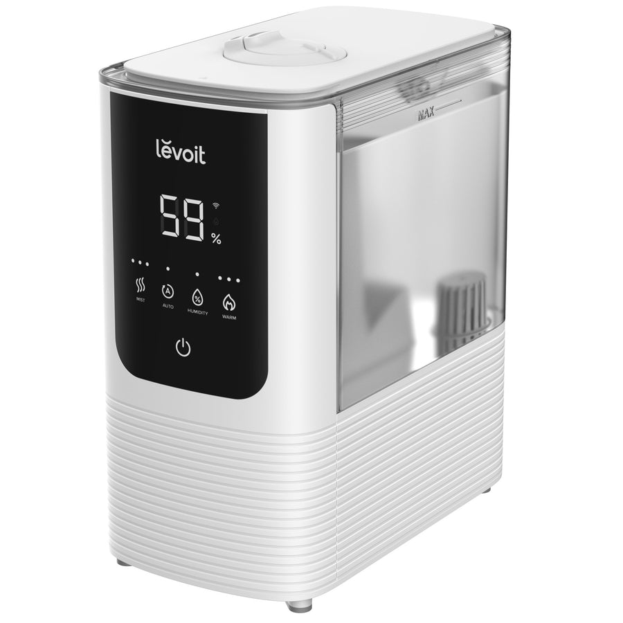 White Levoit OasisMist 450S with front humidity display, top opening and translucent side tank.