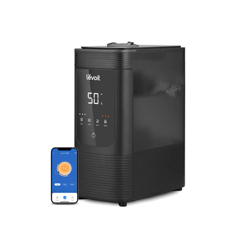 Official Levoit OasisMist 600S dark-finish cabinet with humidity display and a VeSync phone depiction.