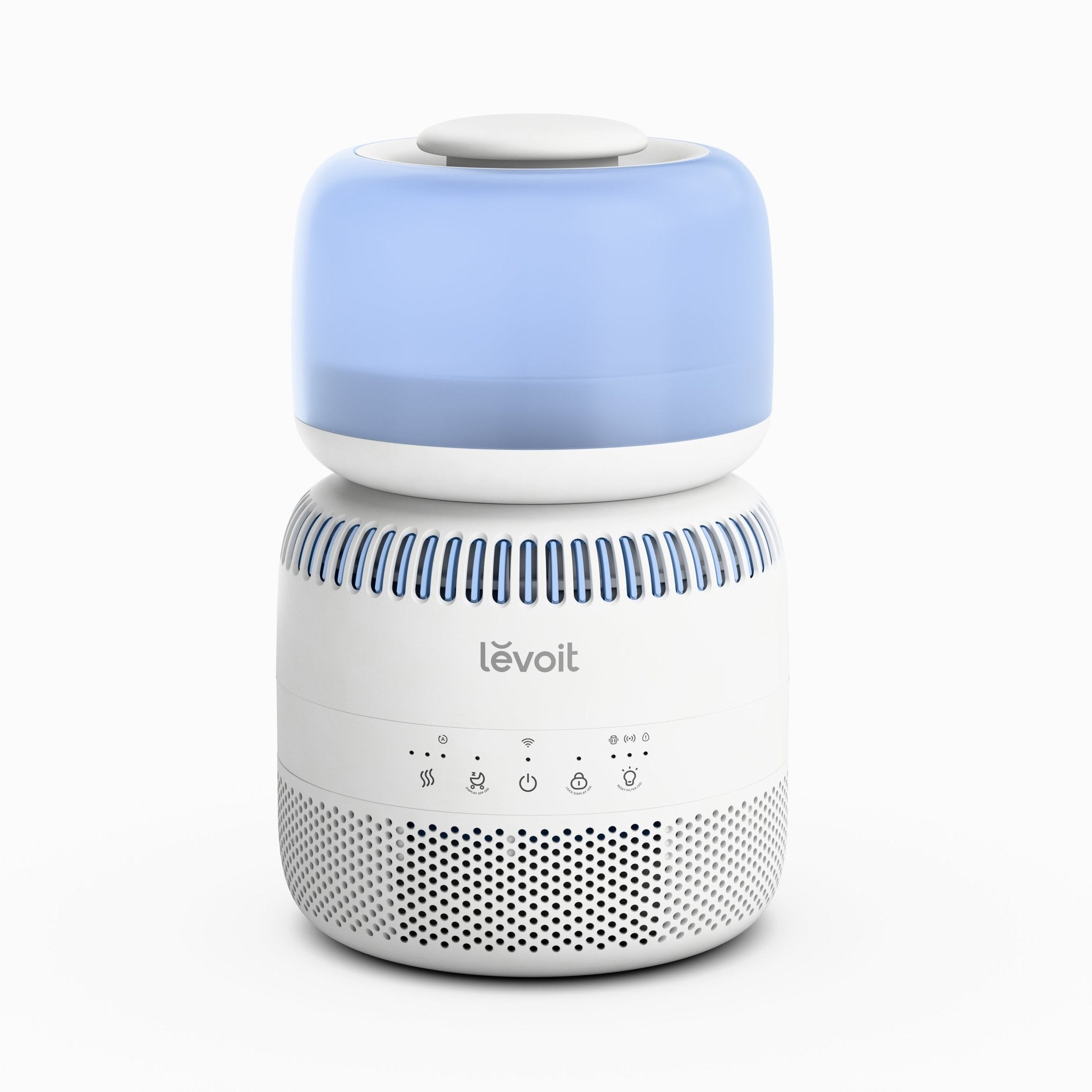 Levoit Sprout evaporative humidifier with blue upper reservoir, white perforated housing and physical control buttons