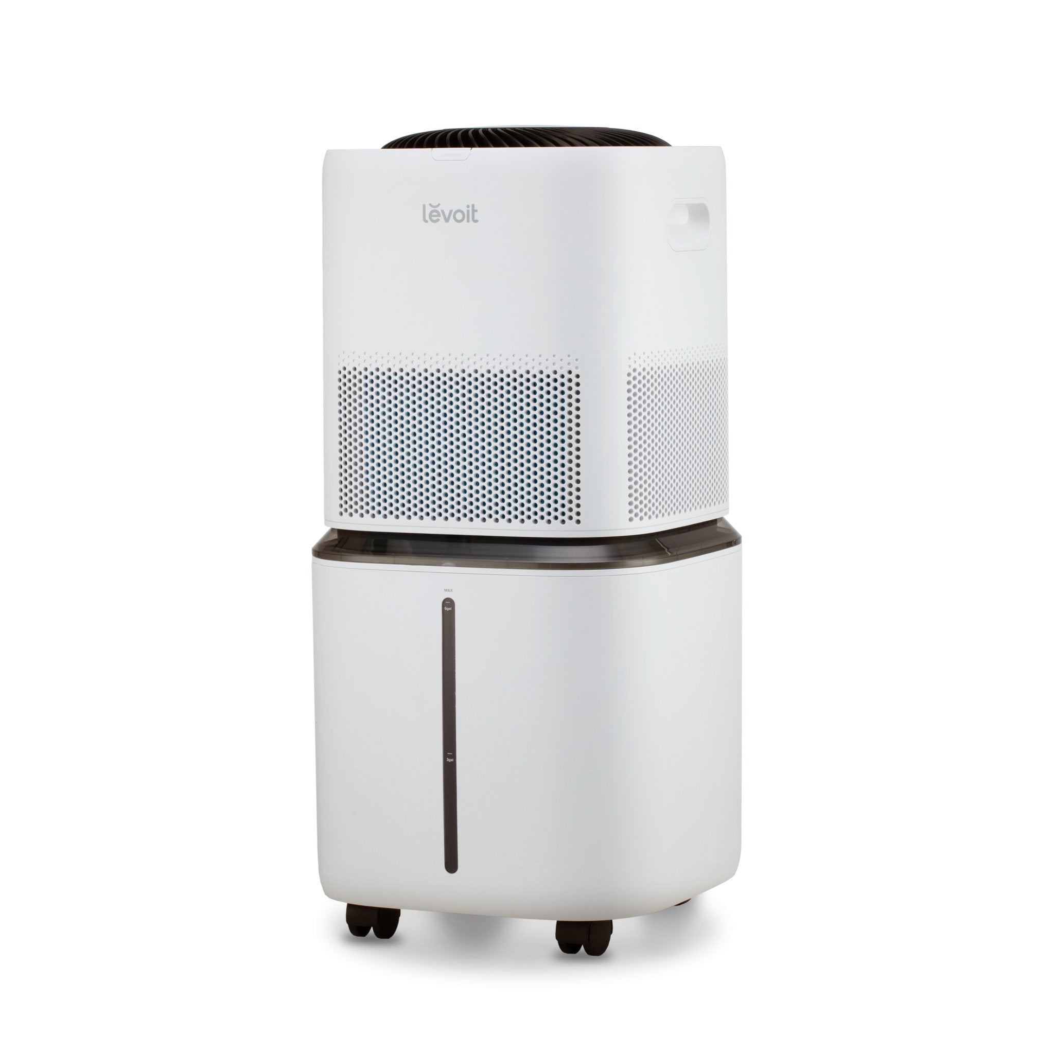 White Levoit Superior 6000S evaporative humidifier with perforated upper housing, large water tank, front water-level window, and small caster wheels