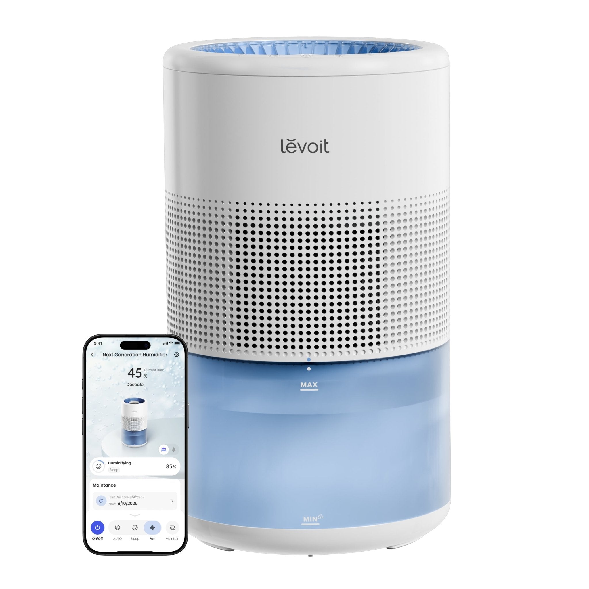 White Levoit Superior Studio Smart 450S with blue translucent tank and a phone/app composite.