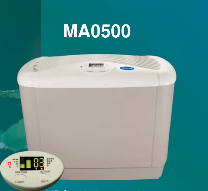 Appareil MOISTAIR MA0500 présenté à côté de son étiquette de modèle dans une fiche produit du fabricant.