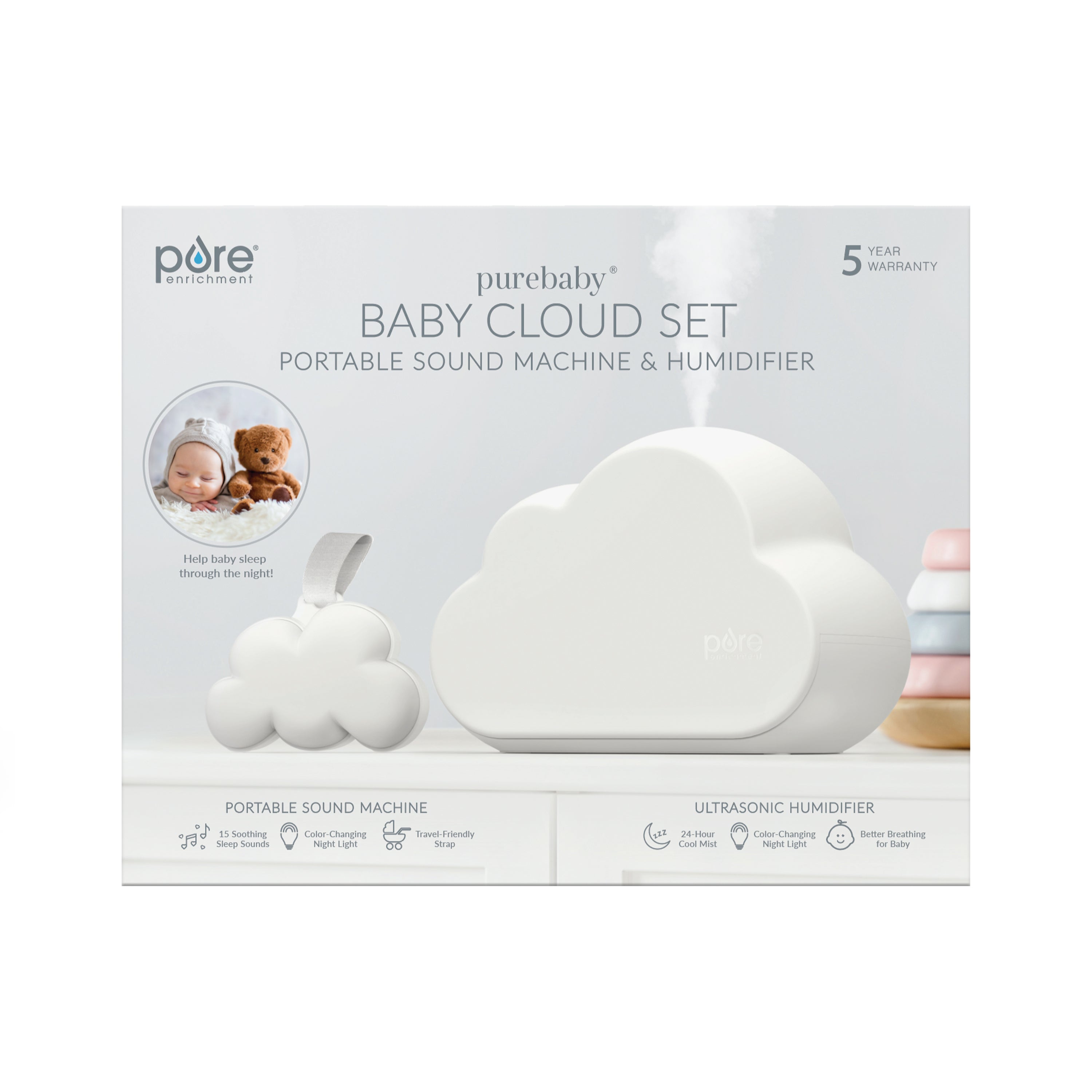 Image de l’ensemble PureBaby Baby Cloud montrant l’humidificateur blanc à ultrasons en forme de nuage et l’appareil sonore portable vendu séparément.
