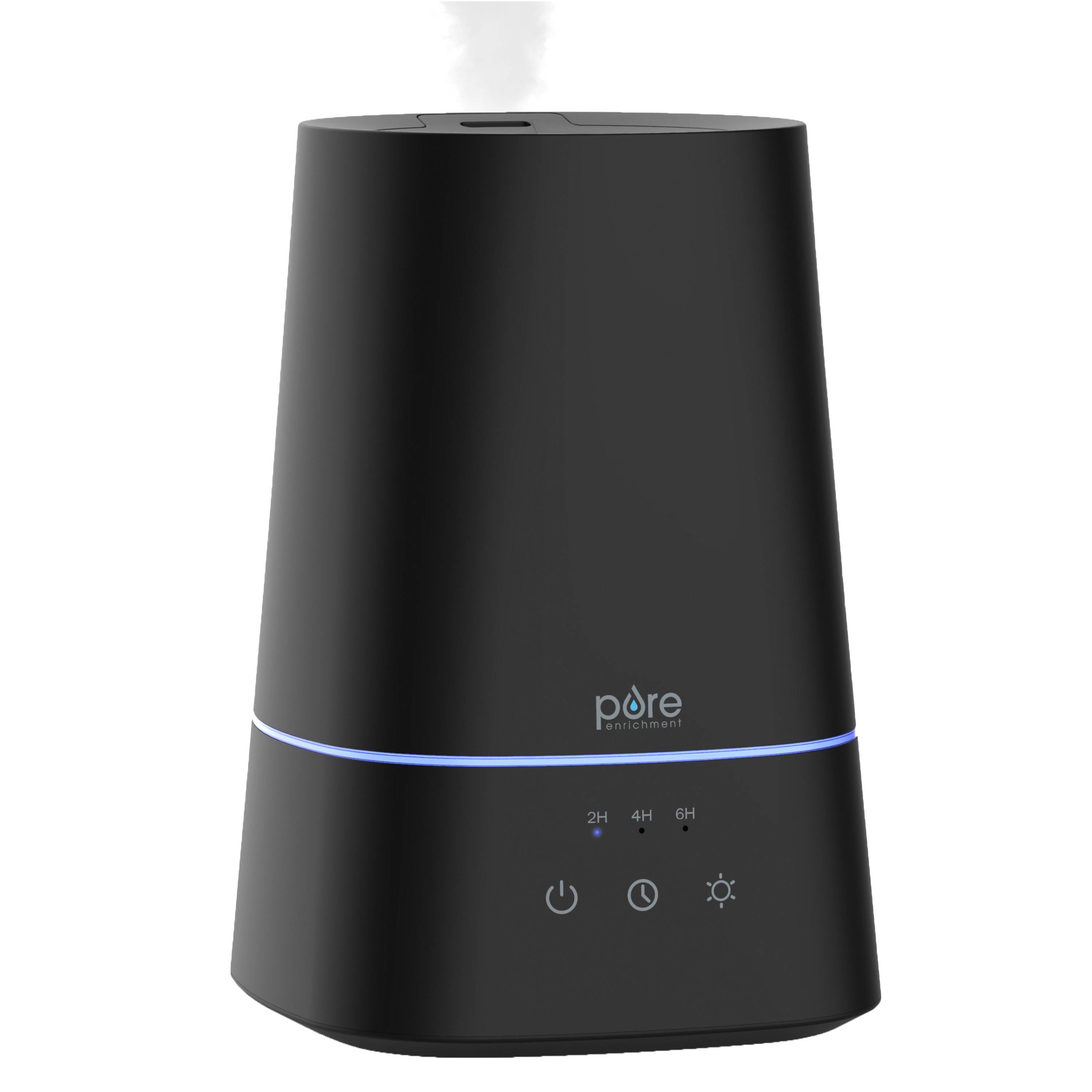 Black Pure Enrichment HUME Max Top Fill humidifier with front touch controls and blue status light.