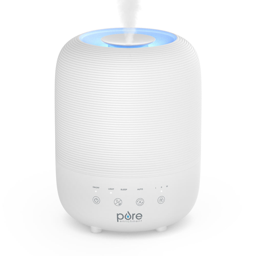 White HUME Sense 3-liter humidifier with a circular blue-lit top and front touch controls.