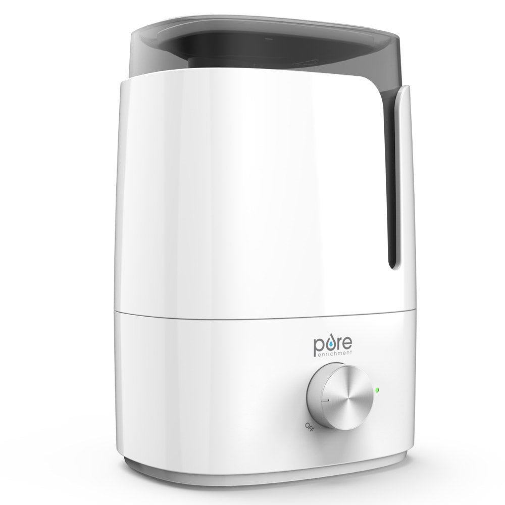 Humidificateur blanc HUME PEHUME à ultrasons Pure Enrichment à brume froide, avec réservoir supérieur transparent et molette de réglage de la brume.