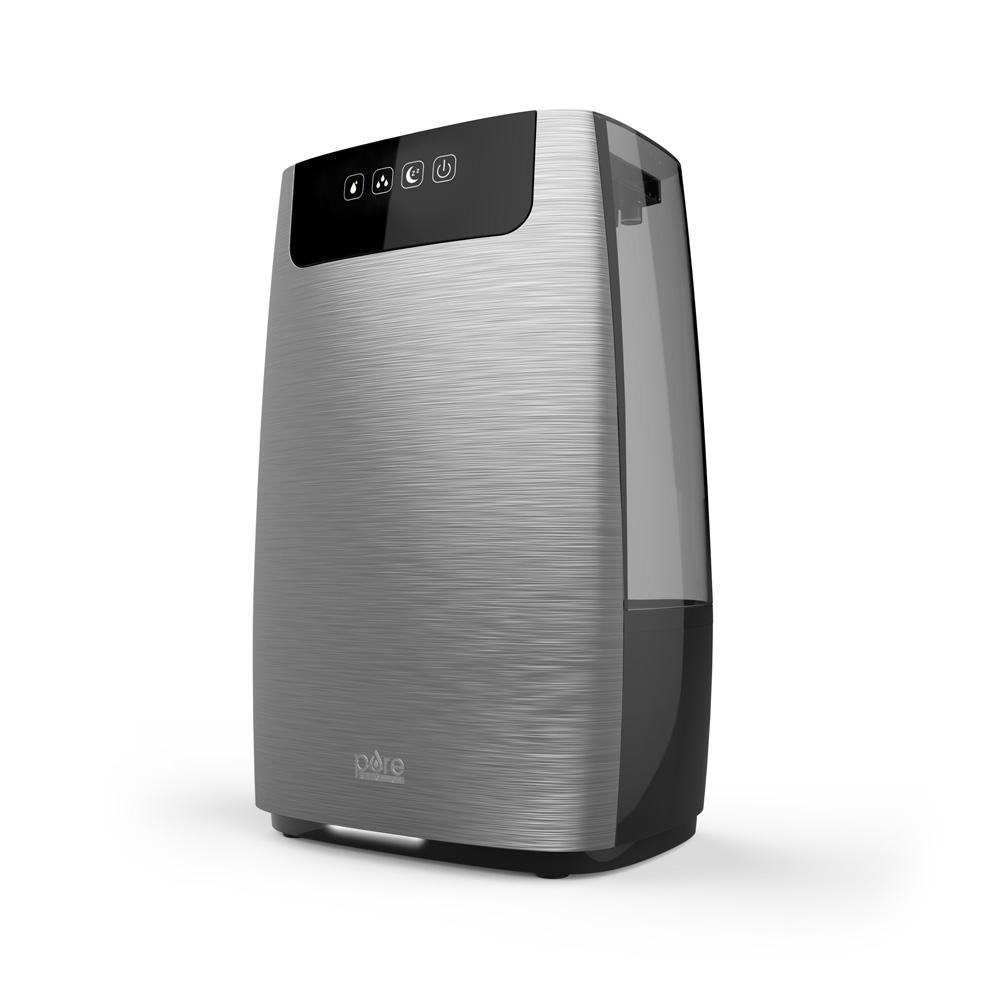 Humidificateur HUME XL PEHUMEXL Pure Enrichment avec façade argentée, commandes tactiles et réservoir d’eau visible.