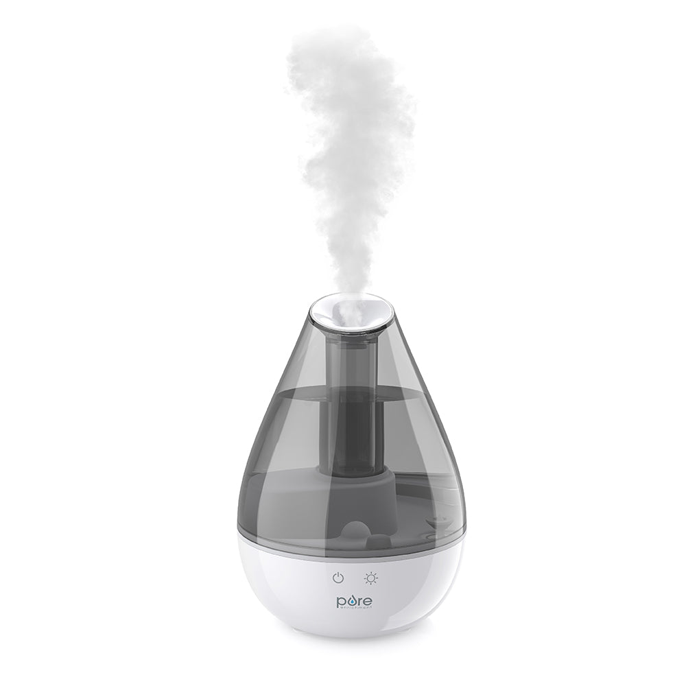 Humidificateur Pure Enrichment MistAire Drop PEVALHUM-G avec réservoir translucide gris en forme de goutte et base blanche.