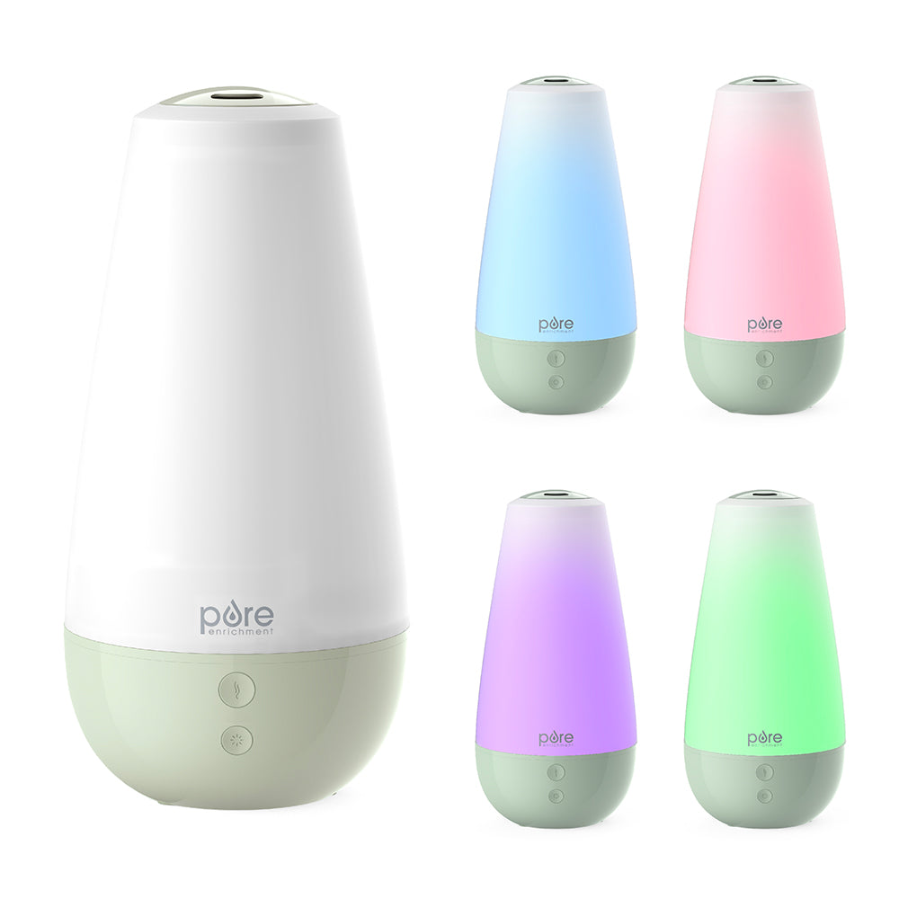 Humidificateur PureBaby PESPAXL-WG avec lumière à couleur changeante, montré dans plusieurs réglages.