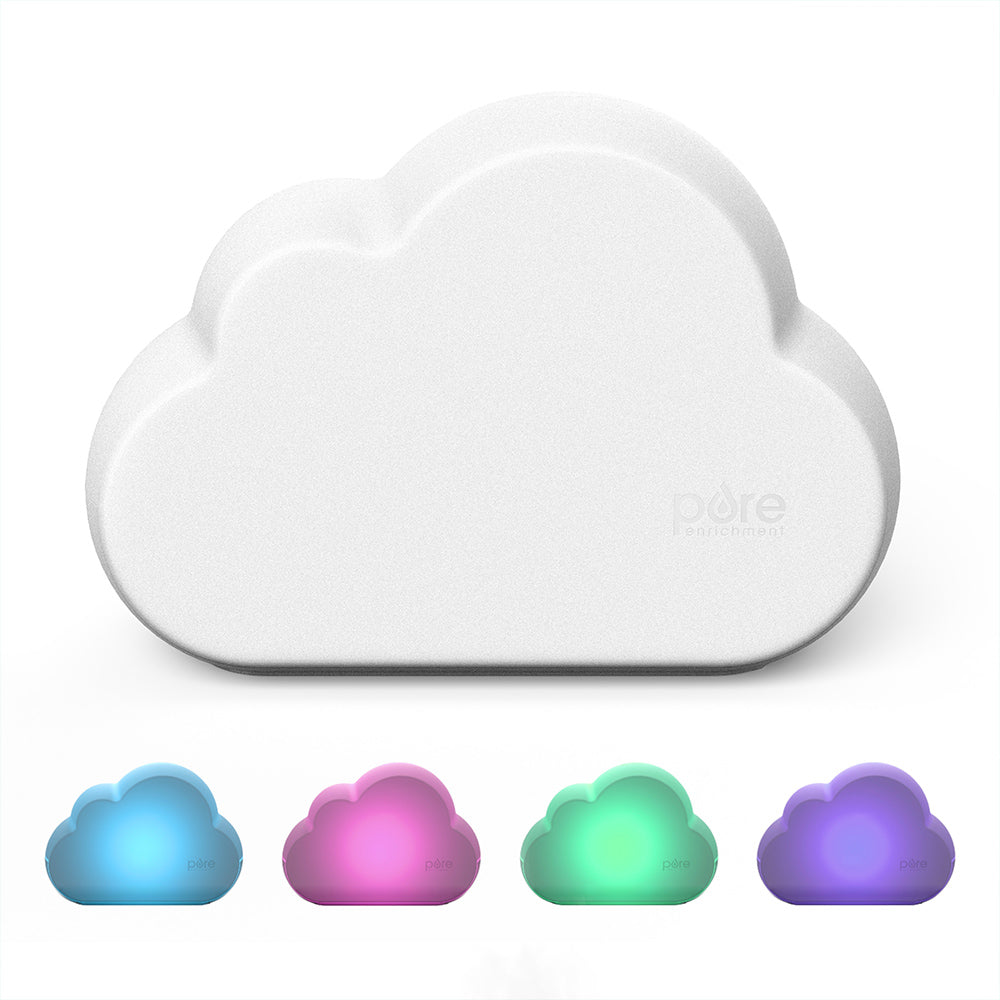 PureBaby Cloud PECLDHUM ultrasonic humidifier in its cloud-shaped housing with color-light views.