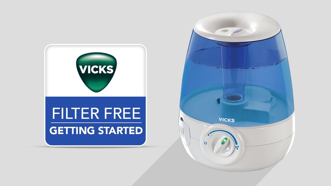 Humidificateur ultrasonique sans filtre Vicks V4600 présenté à côté du panneau Getting Started Vicks