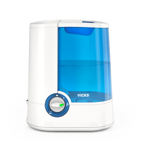 Vicks V750 warm-mist humidifier shown in its manufacturer product-page image