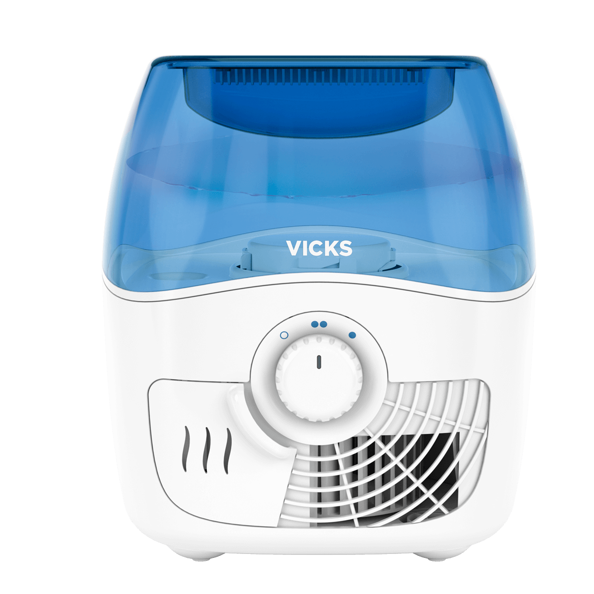 Humidificateur filtré cylindrique blanc Vicks VEV400, avec large réservoir bleu translucide, molette centrale et grille frontale de sortie d'air.