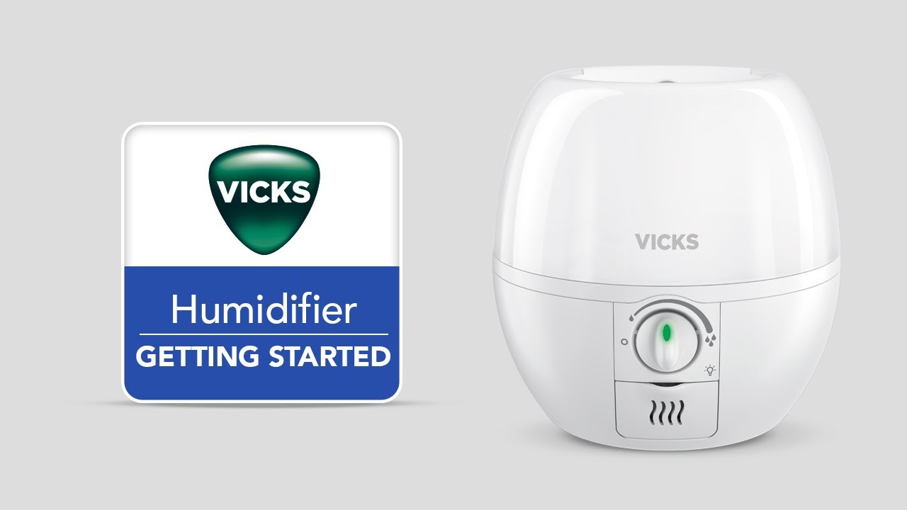 Vicks VUL500 ultrasonic humidifier shown beside the branded Getting Started panel in a manufacturer video thumbnail