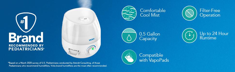 Vicks VUL525 ultrasonic cool-mist humidifier shown in the official Vicks product banner