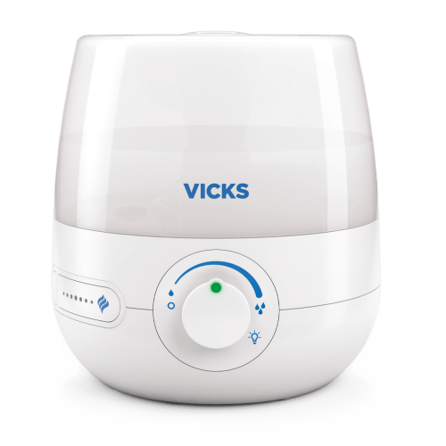 Humidificateur NaturalCare compact blanc Vicks, avec réservoir pâle translucide et commandes frontales de brume et de veilleuse