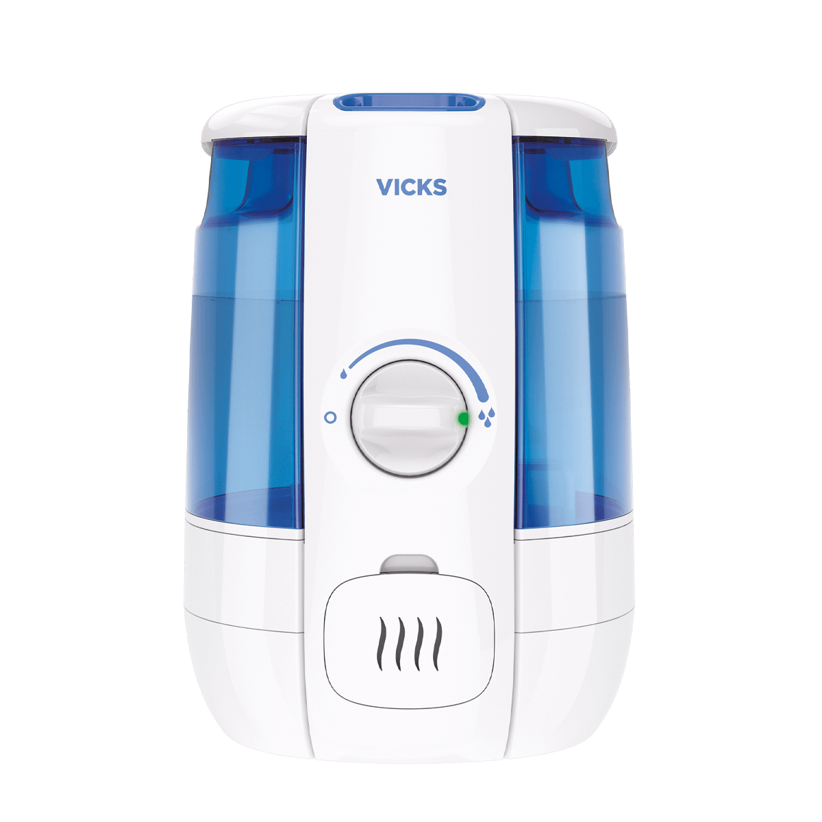 Humidificateur CoolRelief blanc Vicks avec deux parties de réservoir bleu translucide, commande rotative frontale de brume et porte frontale pour godet à médicament