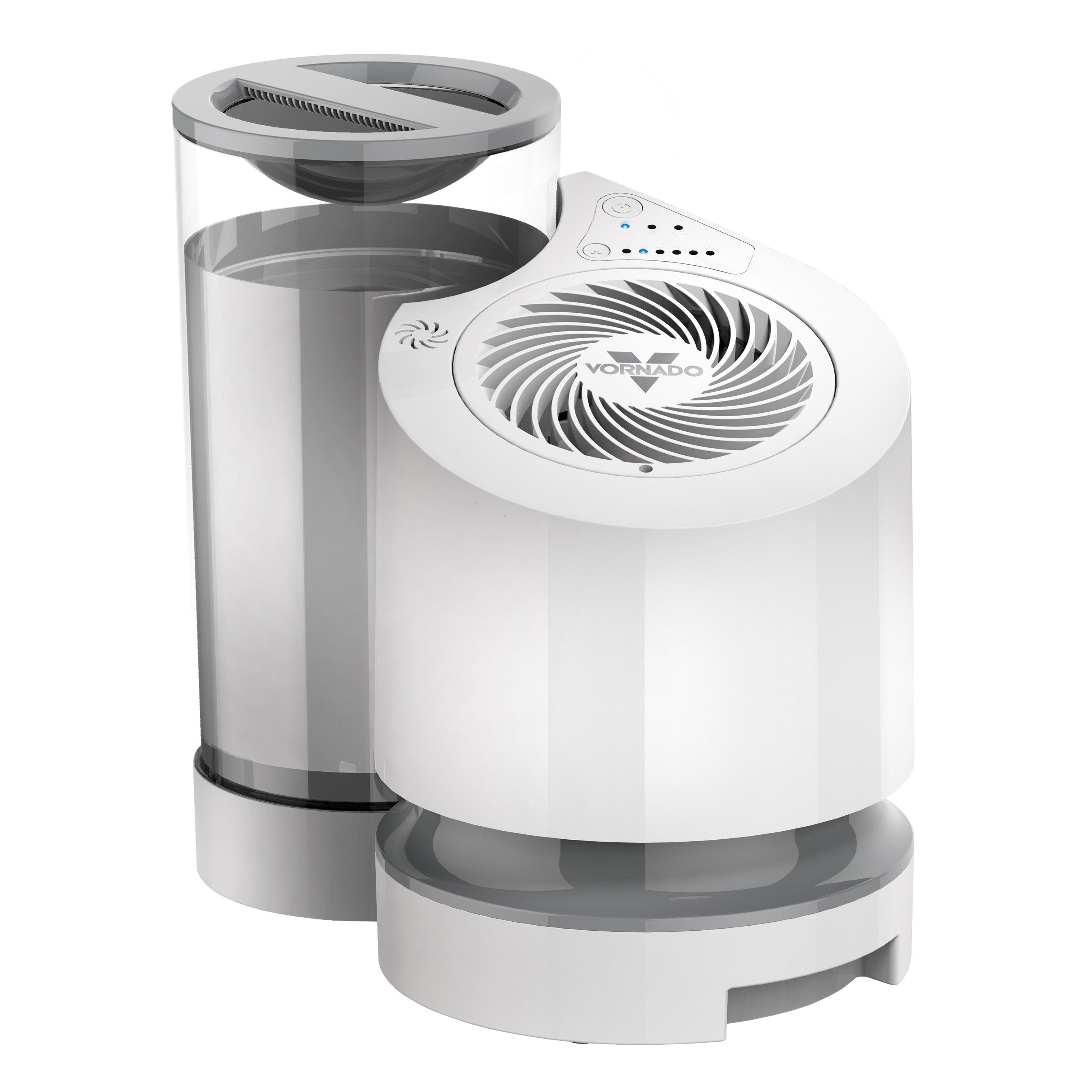 Compact white Vornado EV100 evaporative humidifier with a single clear reservoir, rounded body, top airflow grille and button indicators