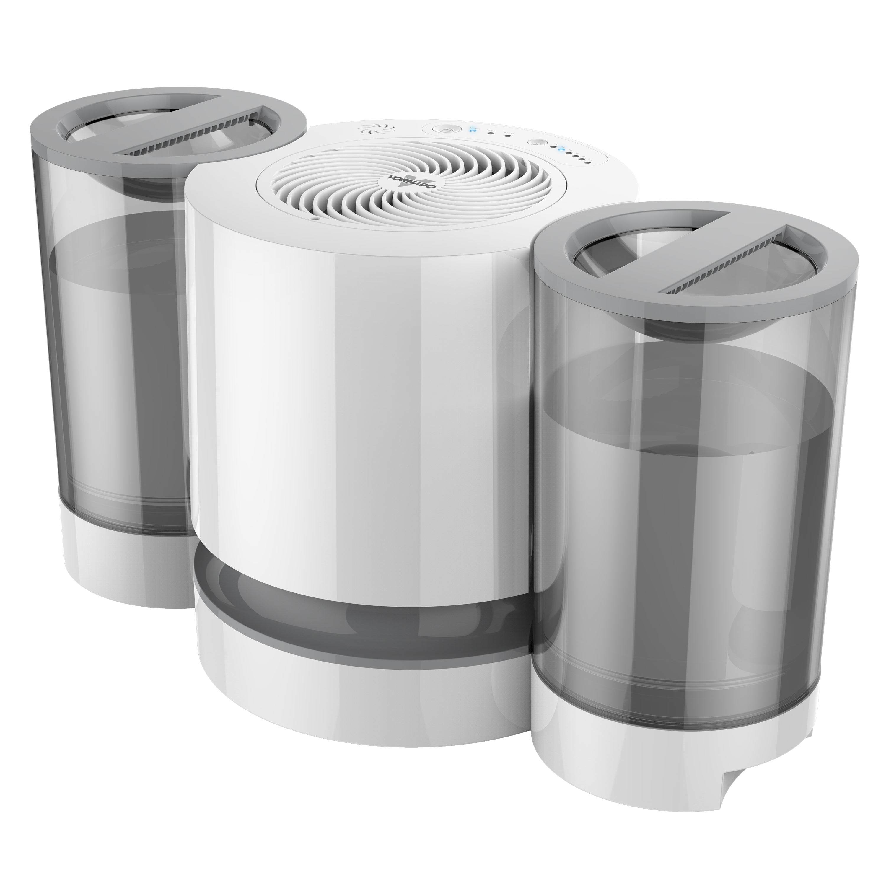 White Vornado EV200 evaporative humidifier with a circular top outlet and two tall clear water tanks, shown separated beside the central body