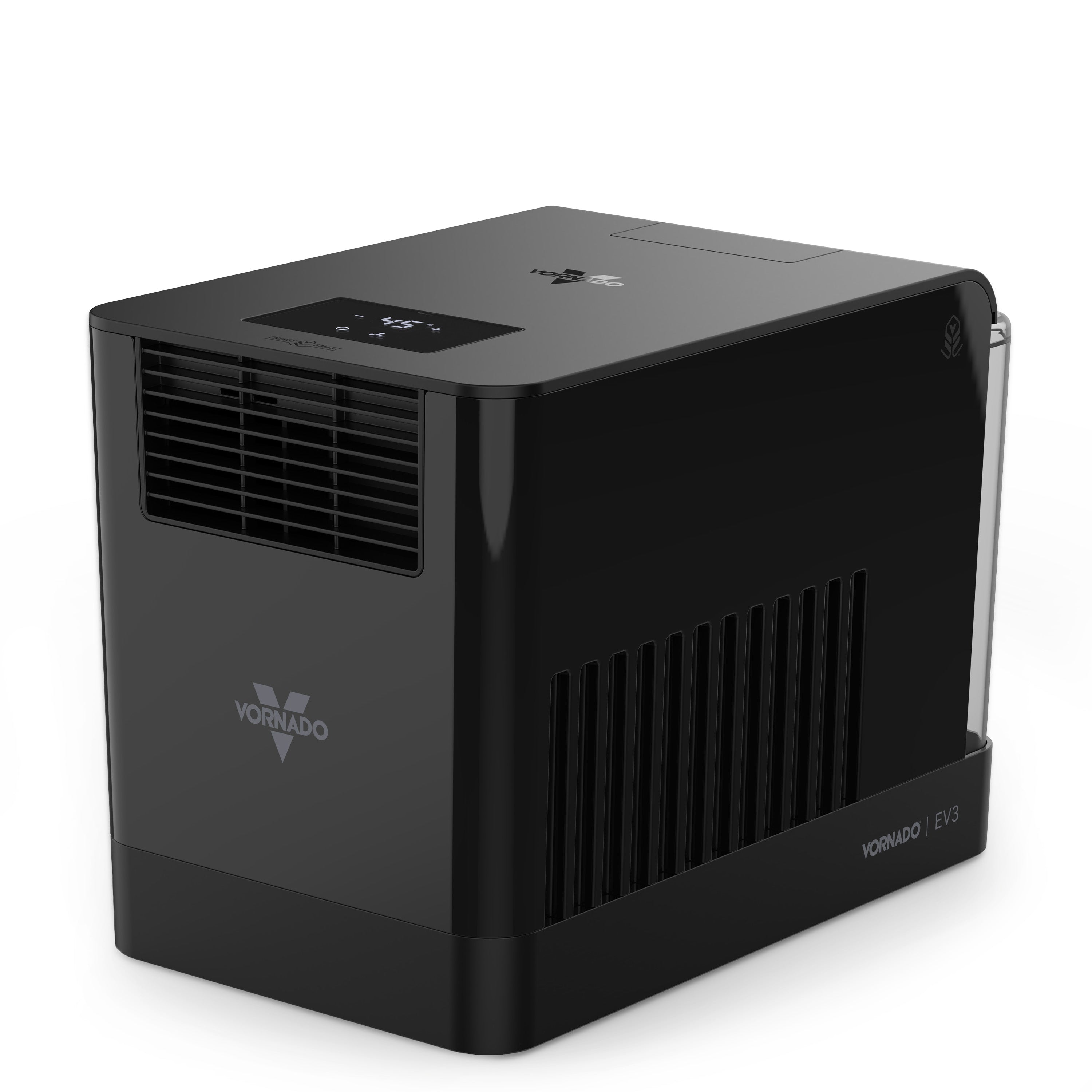 Black Vornado EV3 evaporative humidifier with top touch display, front airflow grille and visible reservoir edge