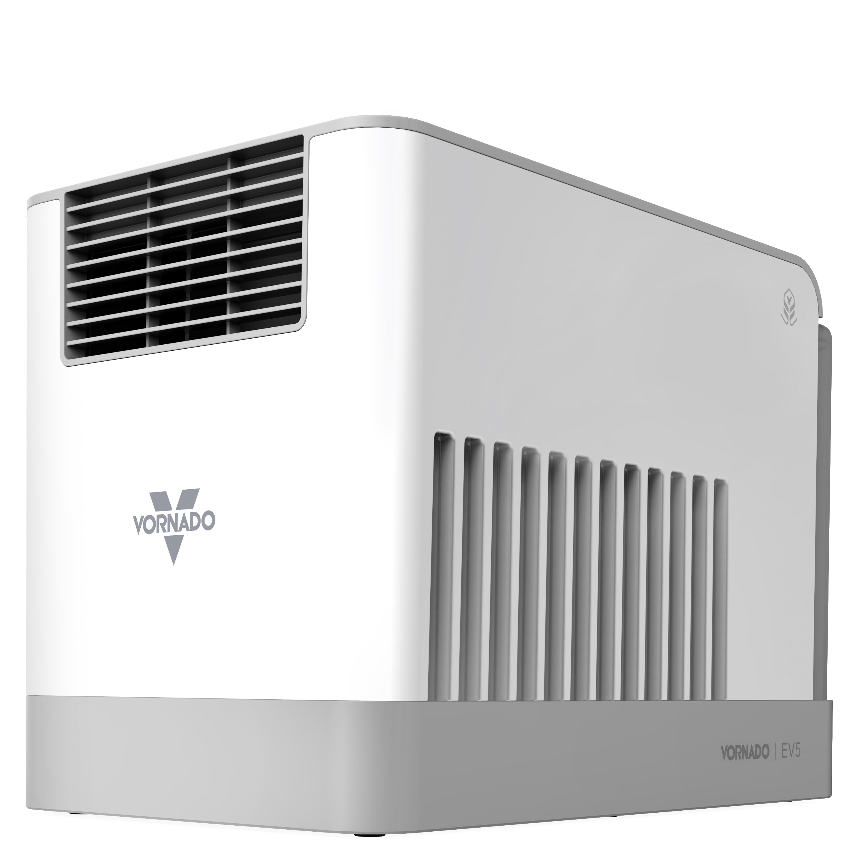 Gray-and-white Vornado EV5 evaporative humidifier, shown close up with the upper outlet grille, side intake louvers and EV5 marking