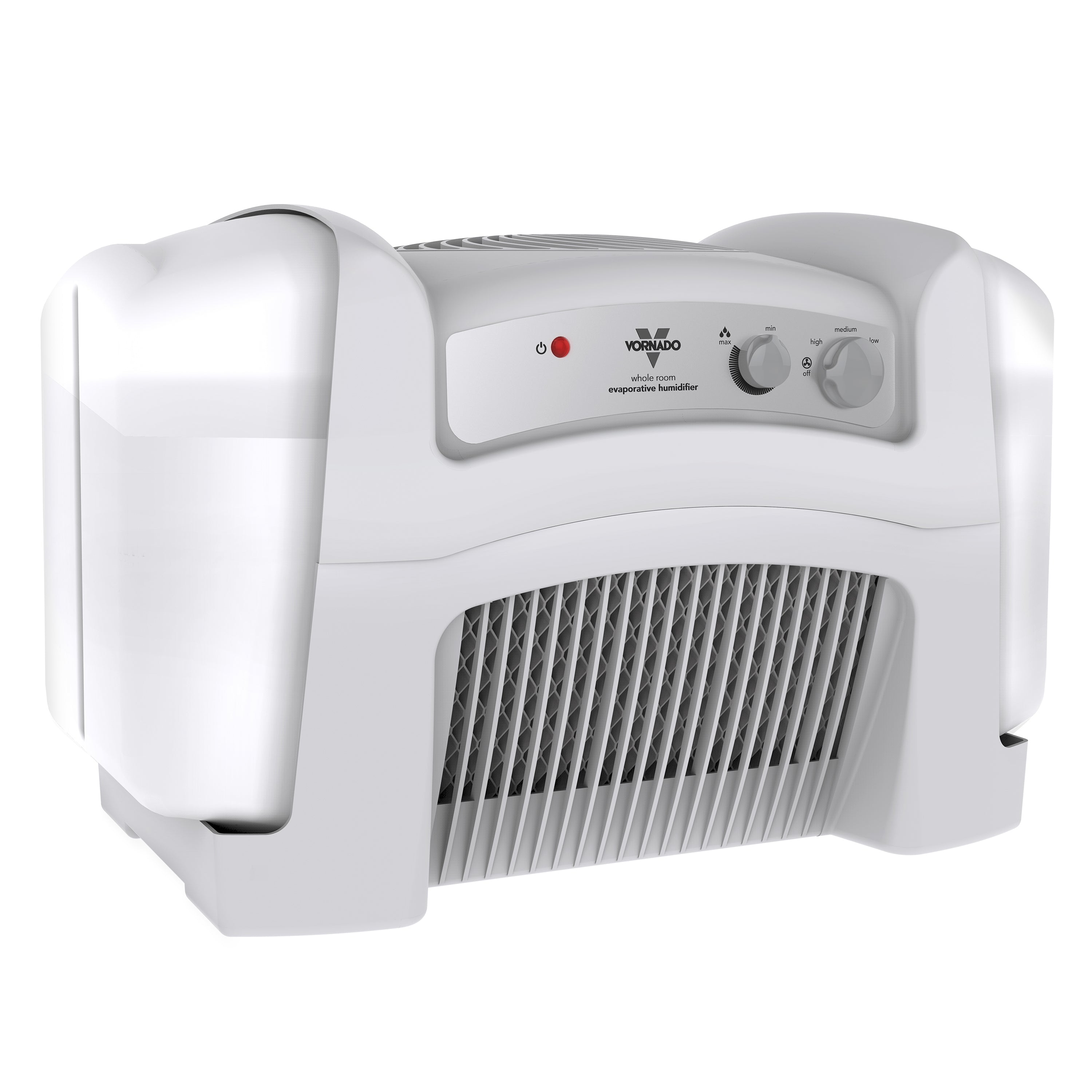 White Vornado Evap40 evaporative humidifier with two side water tanks, front control dials and lower air grille