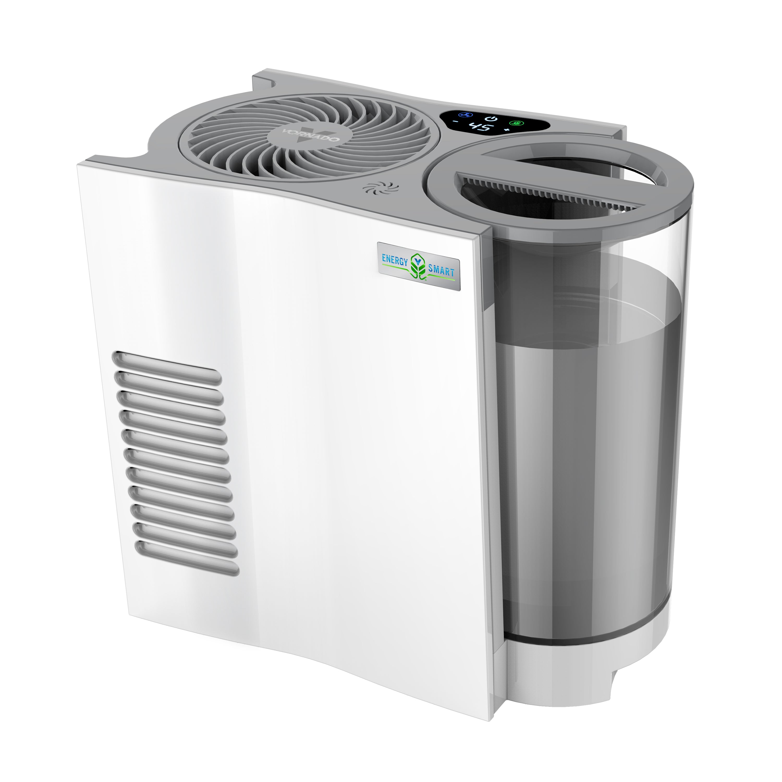 White Vornado EVDC300 evaporative humidifier with one clear side tank, top fan grille, touch display and Energy Smart badge