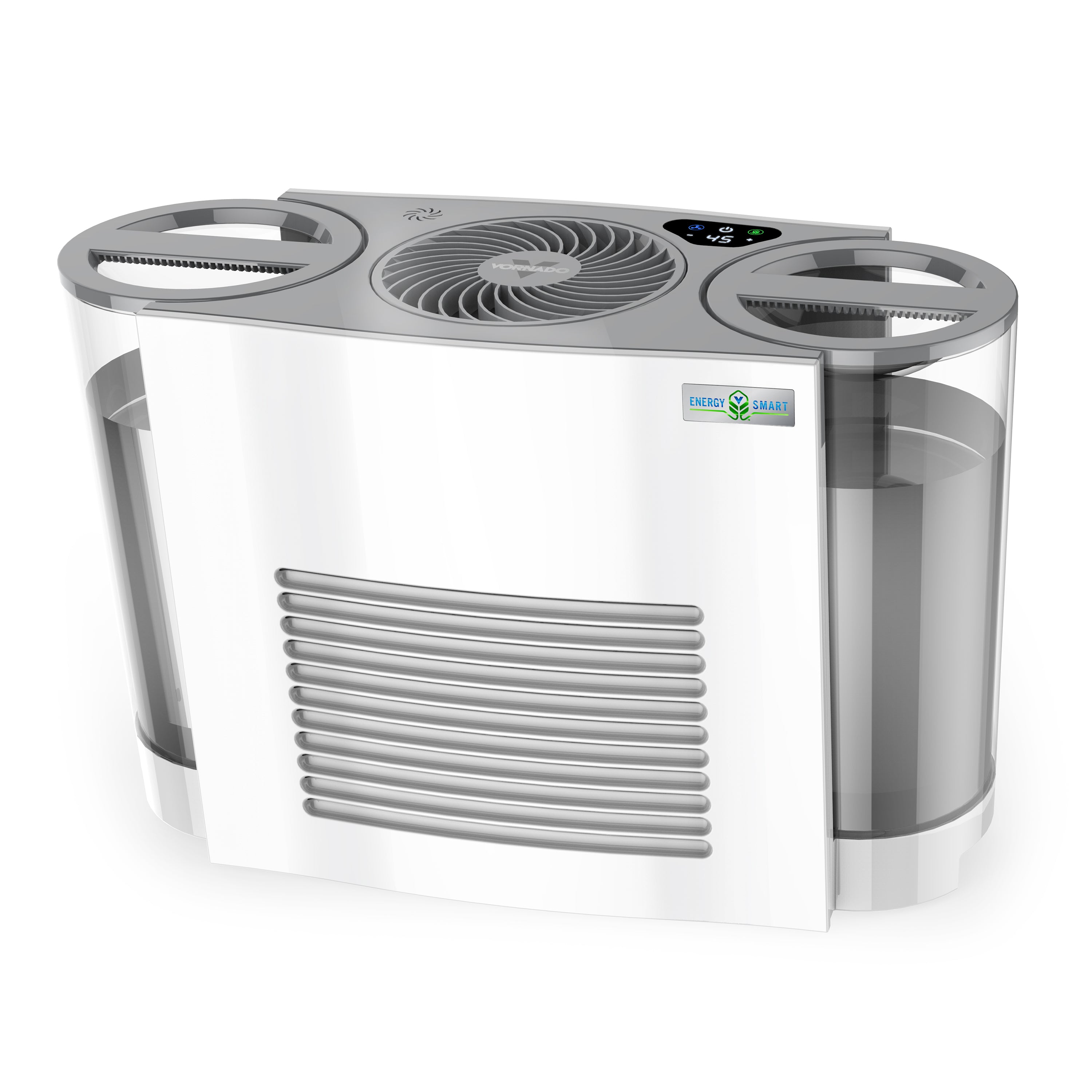 Vornado EVDC500 evaporative humidifier with two clear one-gallon side tanks, a white center body, top fan grille and digital touch display